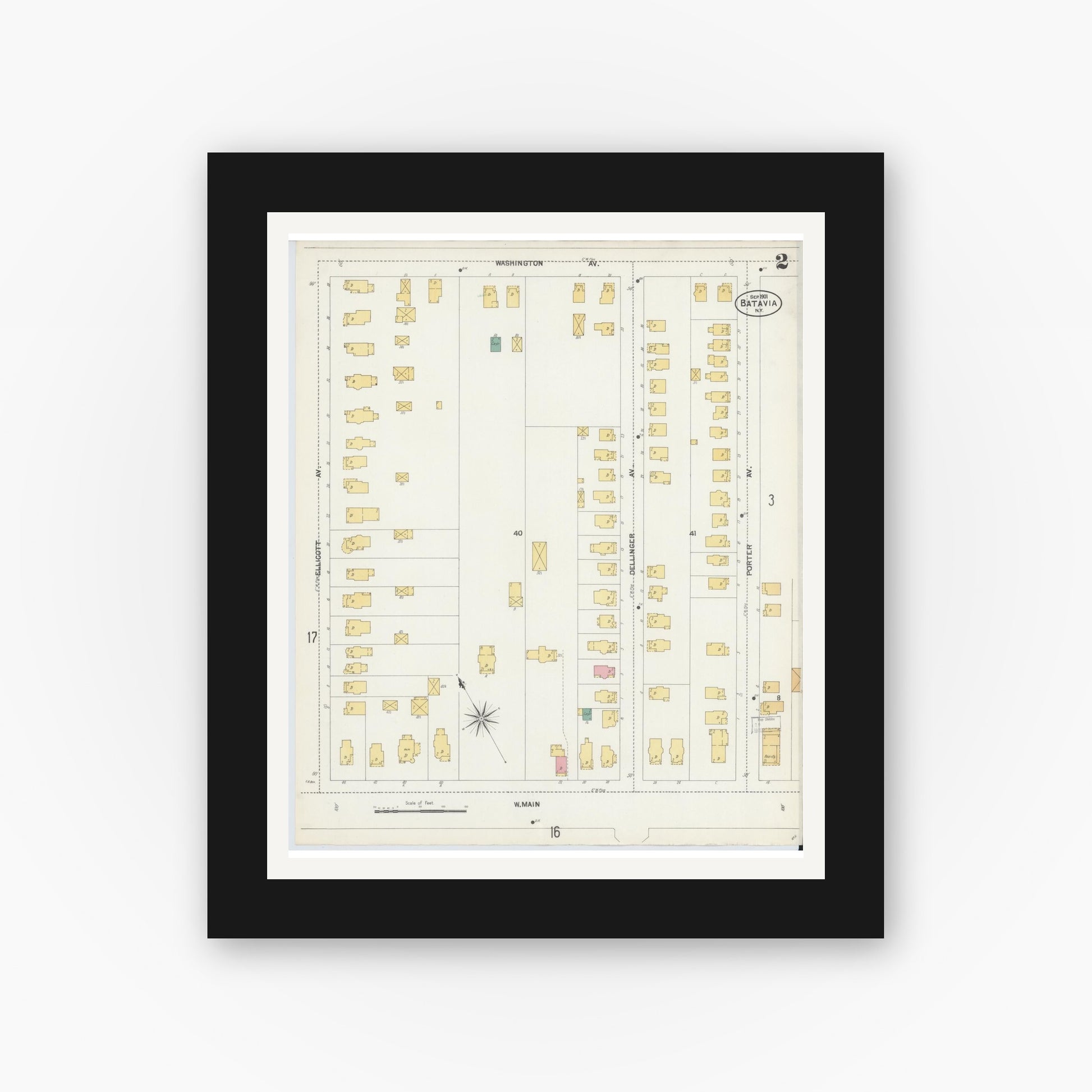 Old map wall art mockup — black gallery frame with white mat — Sanborn Fire Insurance Map from Batavia, Genesee County, New York (1901) - Complete Map Set