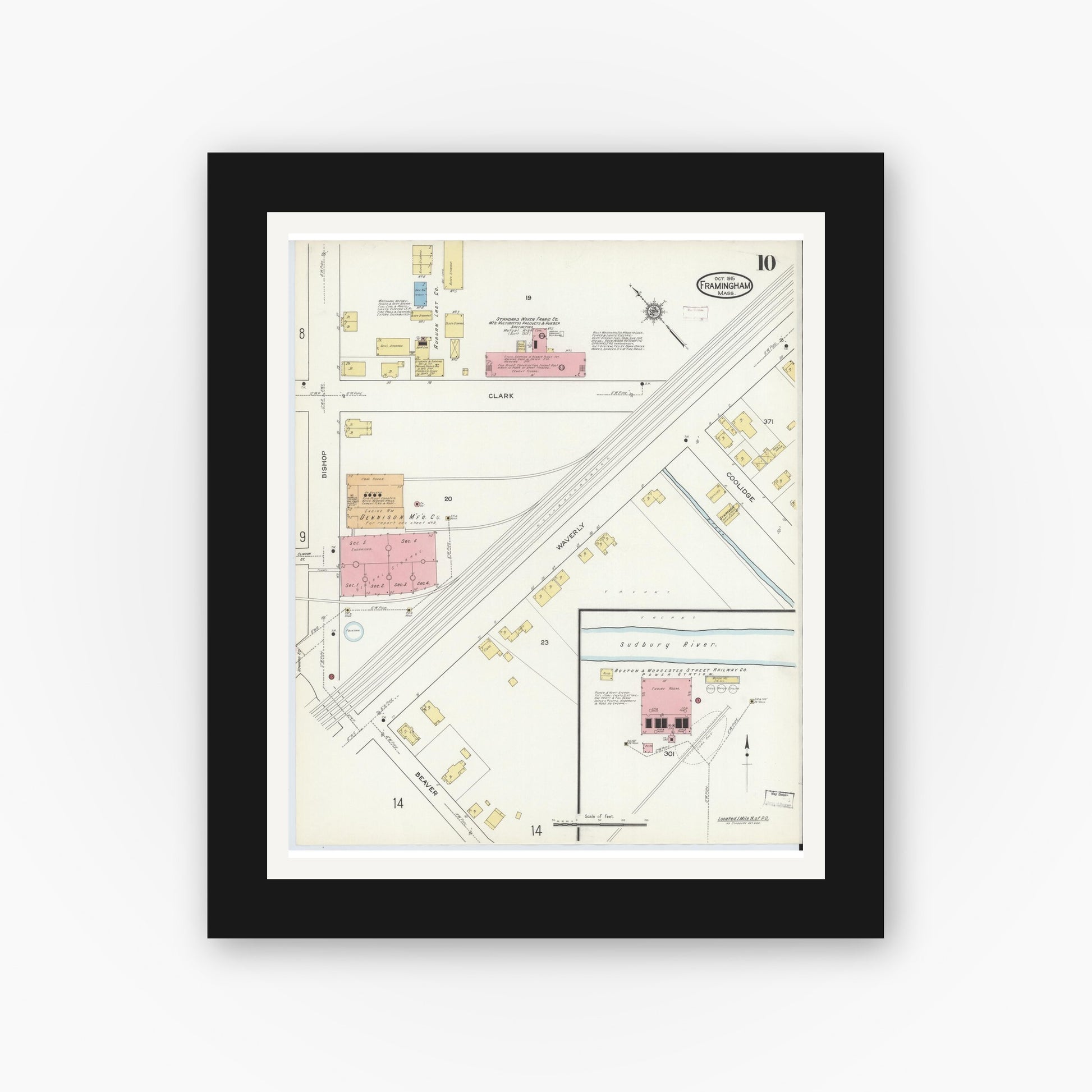 Old map wall art mockup — black gallery frame with white mat — Sanborn Fire Insurance Map from Framingham, Middlesex County, Massachusetts (1915), Sheet #0010