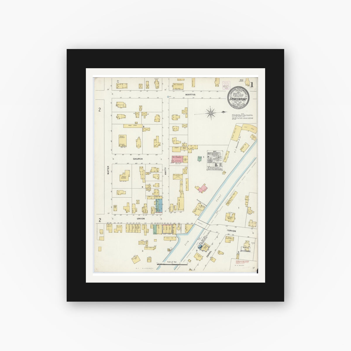 Old map wall art mockup — black gallery frame with white mat — Sanborn Fire Insurance Map from Spencerport, Monroe County, New York (1905) - Complete Map Set