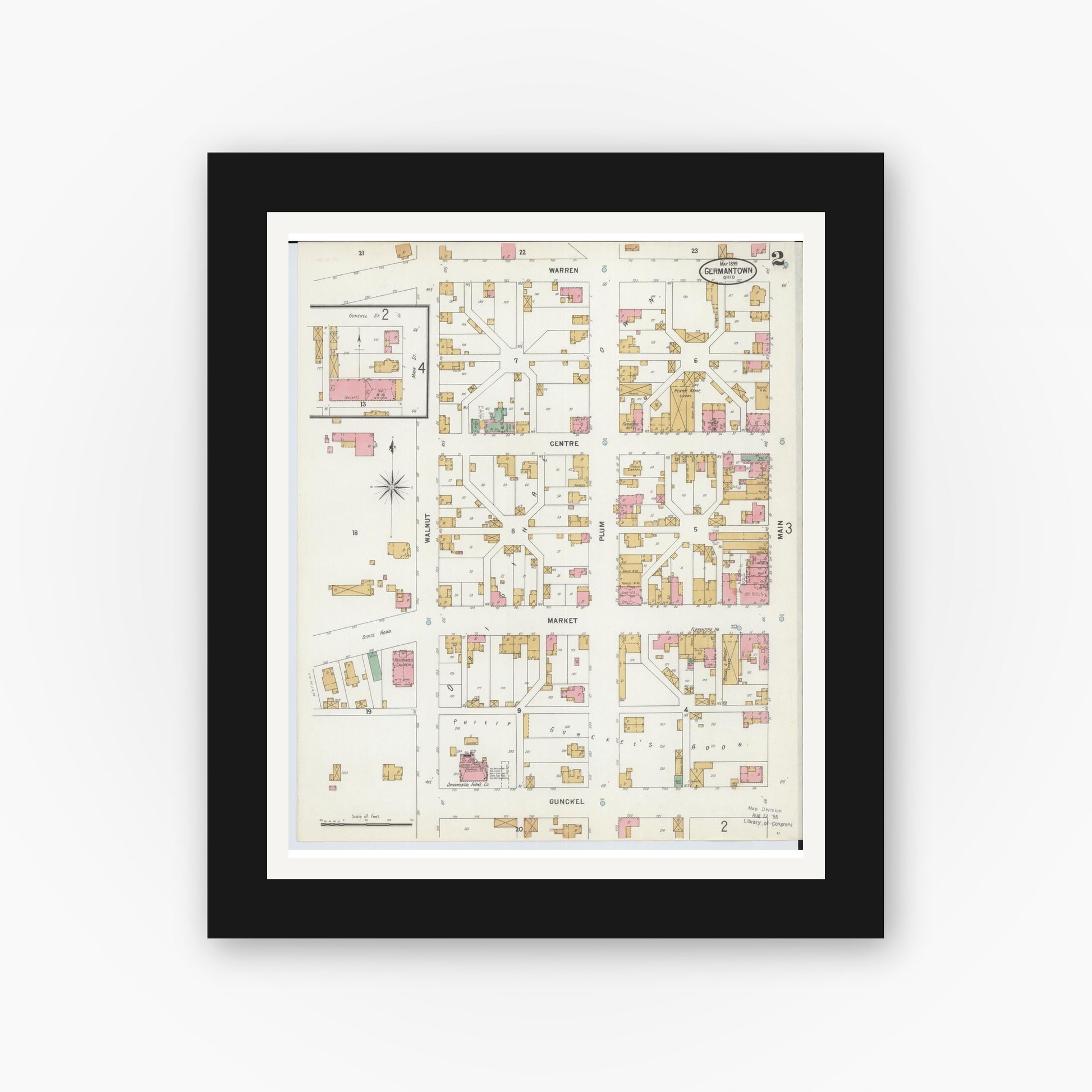 Old map wall art mockup — black gallery frame with white mat — Sanborn Fire Insurance Map from Germantown, Montgomery County, Ohio (1899), Sheet #0002