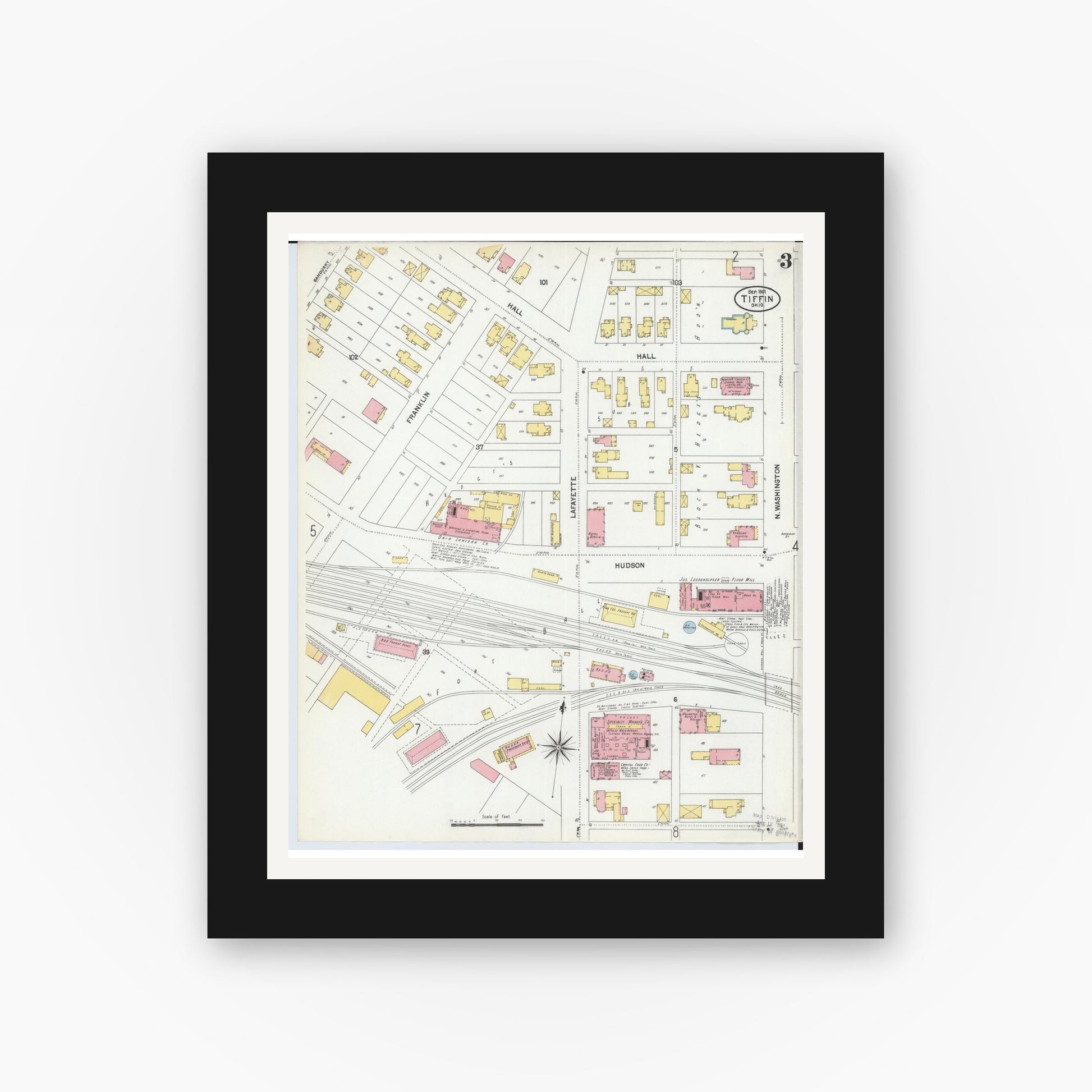 Old map wall art mockup — black gallery frame with white mat — Sanborn Fire Insurance Map from Tiffin, Seneca County, Ohio (1901), Sheet #0003