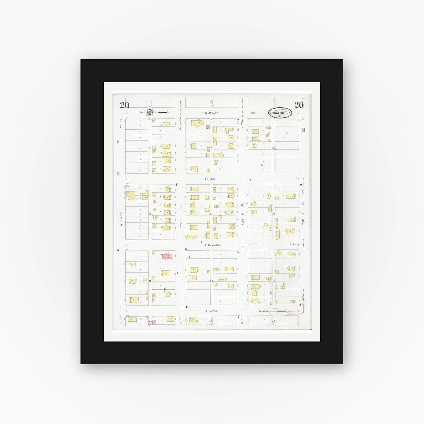 Old map wall art mockup — black gallery frame with white mat — Sanborn Fire Insurance Map from Iron Mountain, Dickinson County, Michigan (1930), Sheet #0020