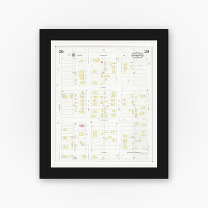 Old map wall art mockup — black gallery frame with white mat — Sanborn Fire Insurance Map from Iron Mountain, Dickinson County, Michigan (1930), Sheet #0020