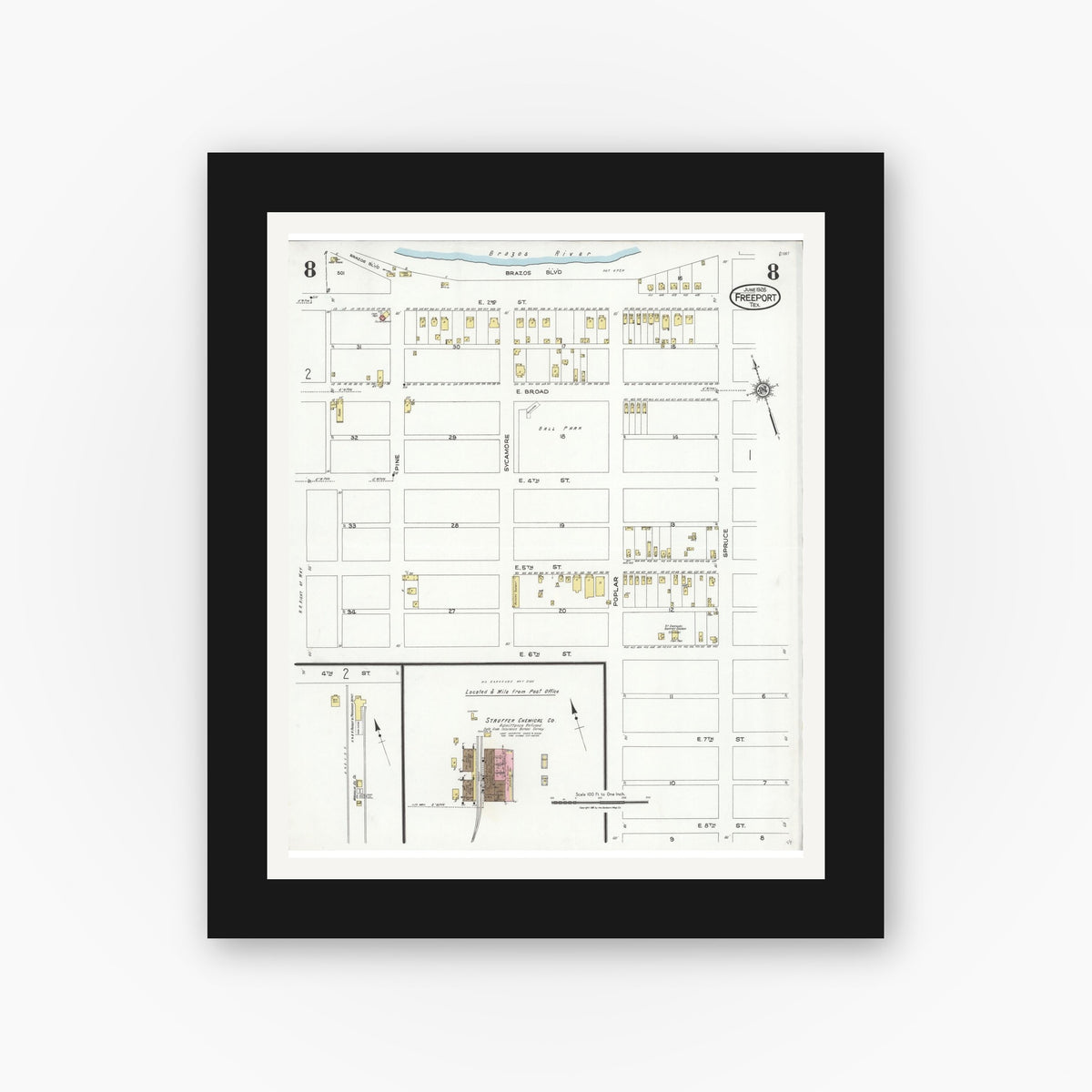 Old map wall art mockup — black gallery frame with white mat — Sanborn Fire Insurance Map from Freeport, Brazoria County, Texas (1926), Sheet #0008