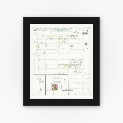 Old map wall art mockup — black gallery frame with white mat — Sanborn Fire Insurance Map from Freeport, Brazoria County, Texas (1926), Sheet #0008