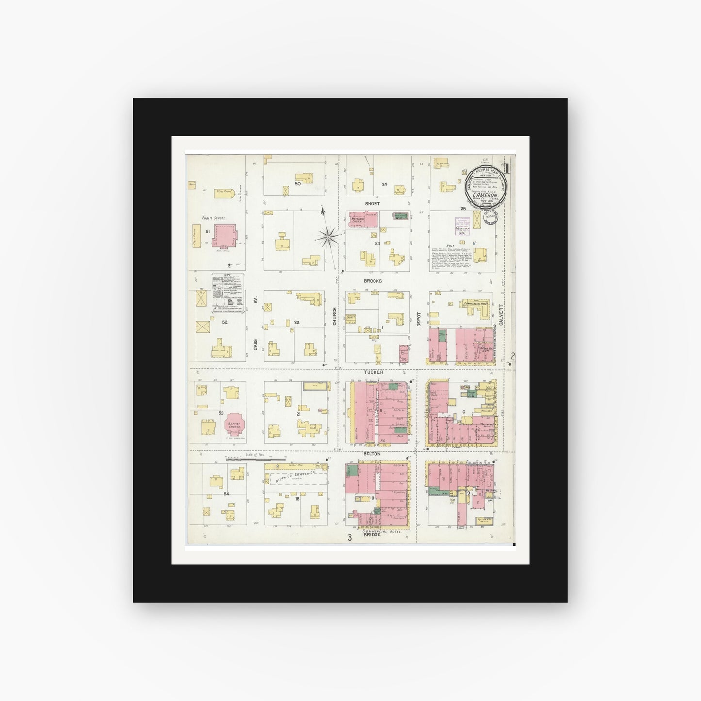 Old map wall art mockup — black gallery frame with white mat — Sanborn Fire Insurance Map from Cameron, Milam County, Texas (1901), Sheet #0001