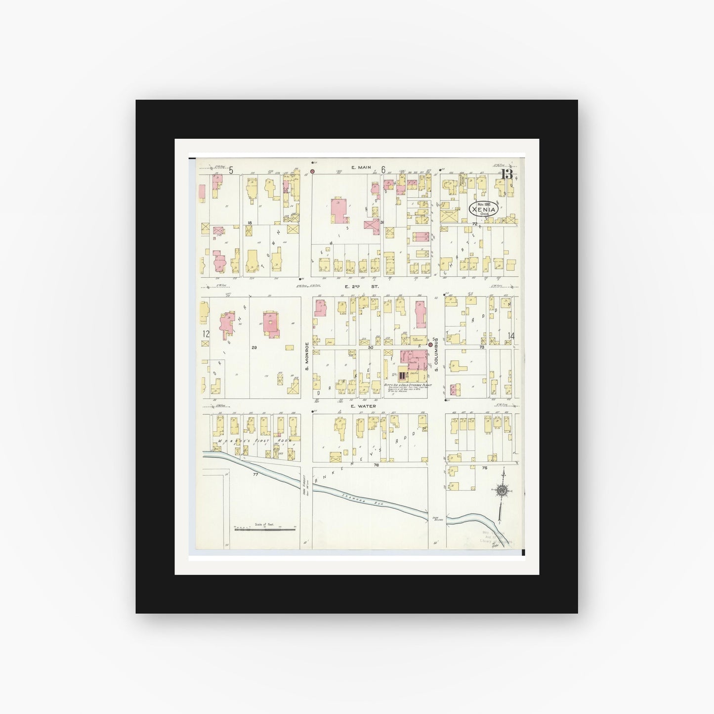 Old map wall art mockup — black gallery frame with white mat — Sanborn Fire Insurance Map from Xenia, Greene County, Ohio (1910), Sheet #0013
