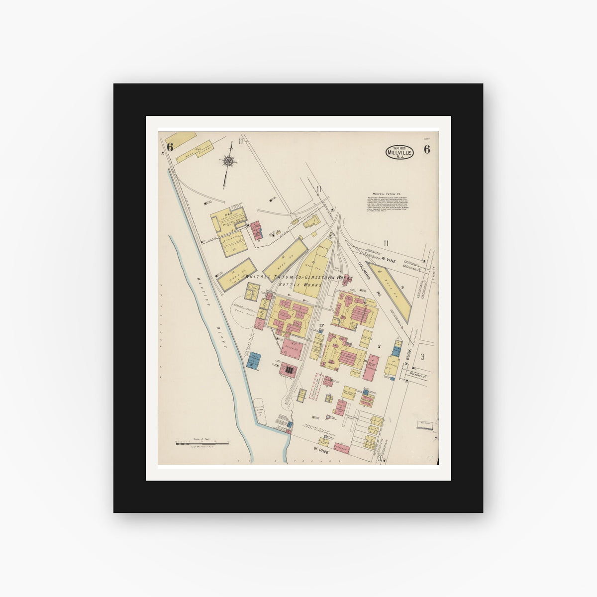 Old map wall art mockup — black gallery frame with white mat — Sanborn Fire Insurance Map from Millville, Cumberland County, New Jersey (1923), Sheet #0006