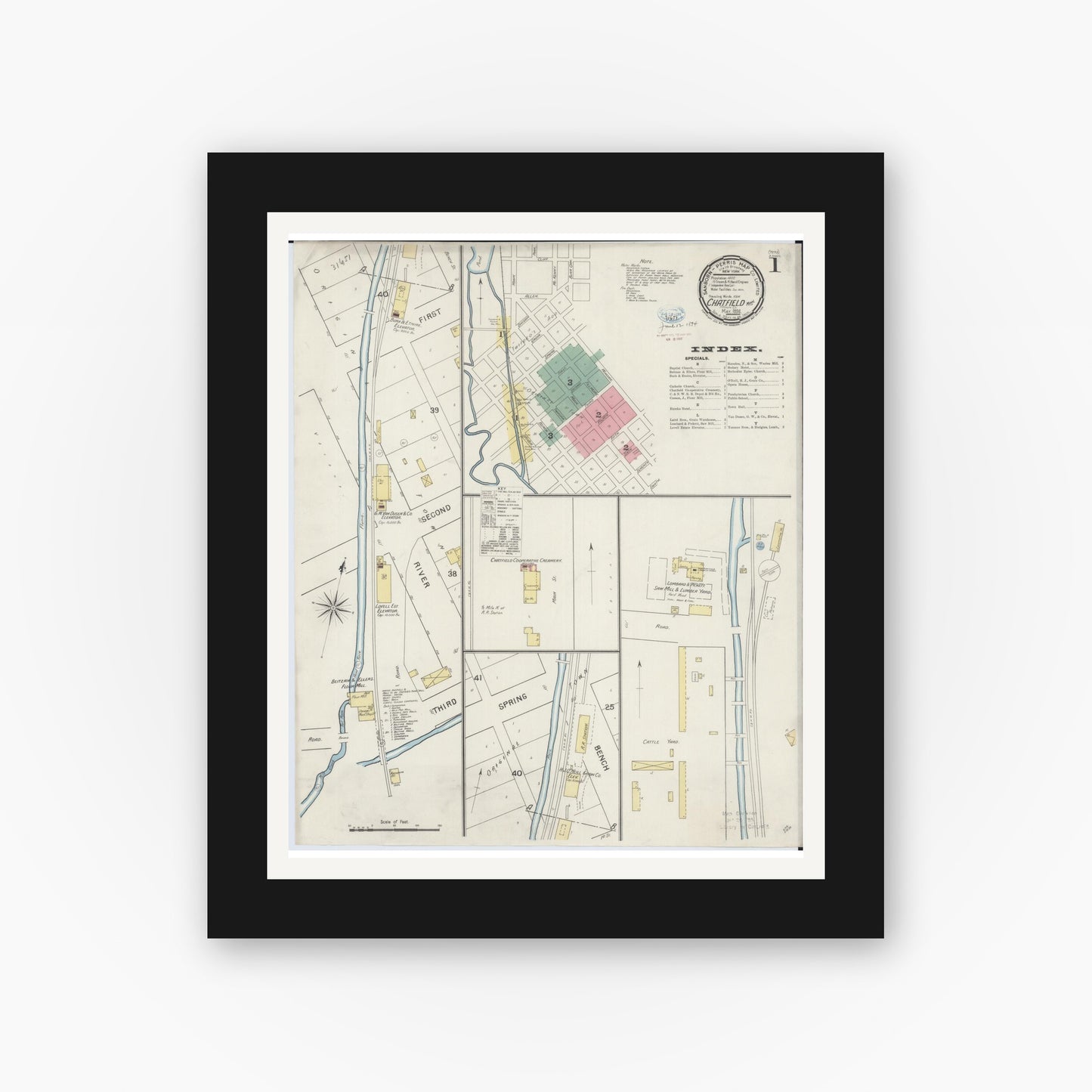 Old map wall art mockup — black gallery frame with white mat — Sanborn Fire Insurance Map from Chatfield, Fillmore And Olmsted Counties, Minnesota (1894) - Complete Map Set
