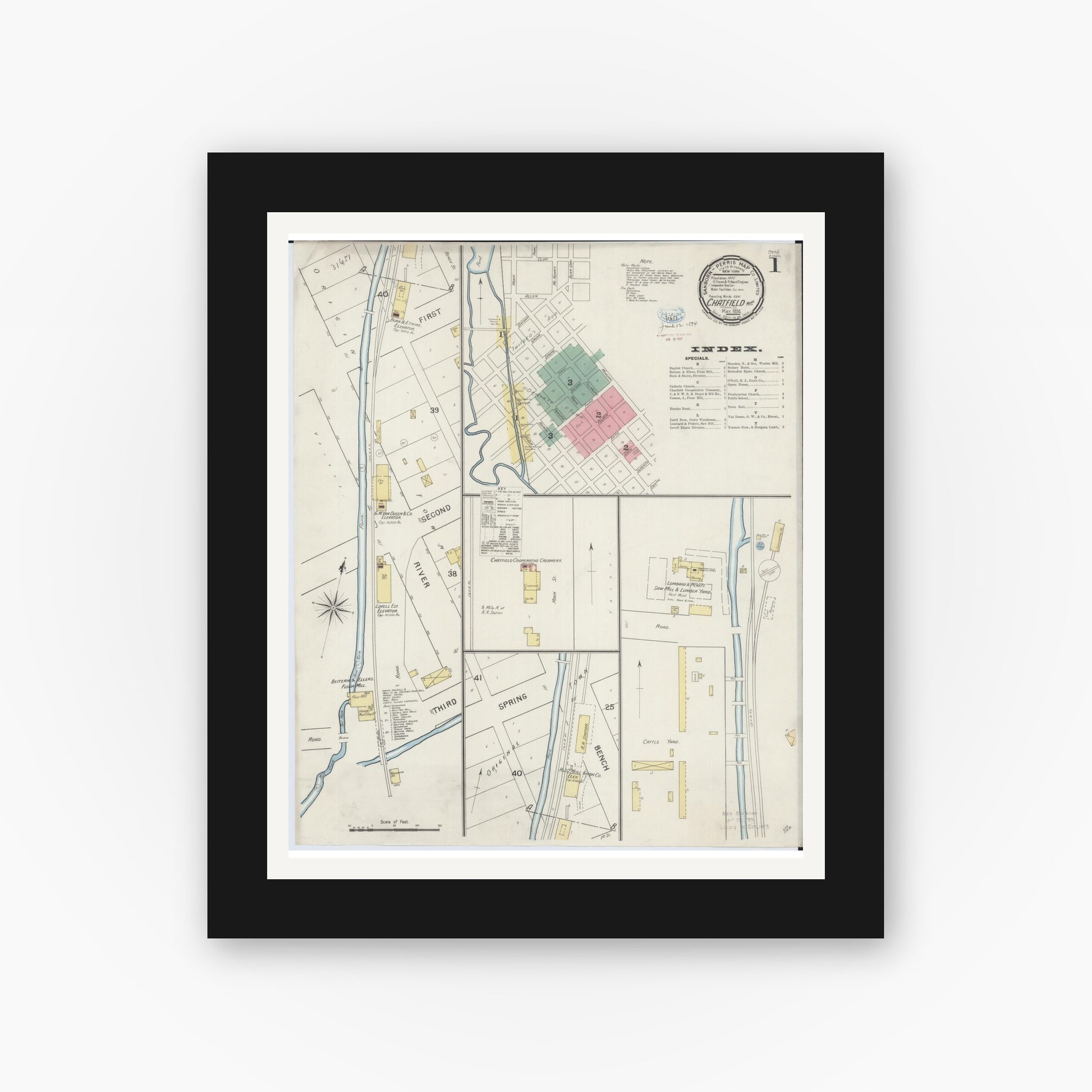 Old map wall art mockup — black gallery frame with white mat — Sanborn Fire Insurance Map from Chatfield, Fillmore And Olmsted Counties, Minnesota (1894) - Complete Map Set