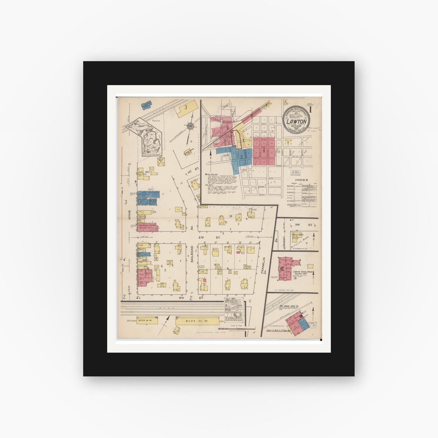 Old map wall art mockup — black gallery frame with white mat — Sanborn Fire Insurance Map from Lawton, Van Buren County, Michigan (1922) - Complete Map Set