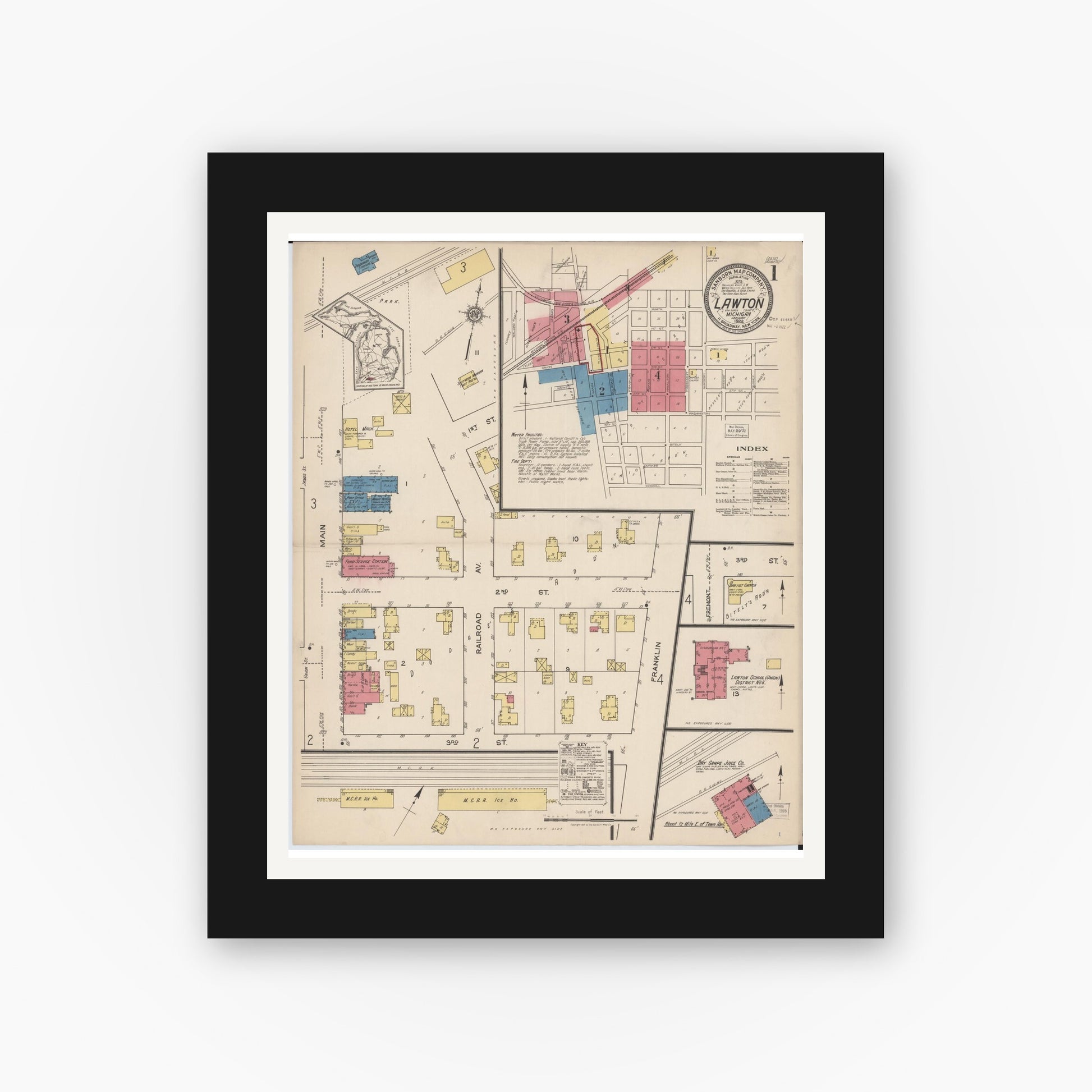 Old map wall art mockup — black gallery frame with white mat — Sanborn Fire Insurance Map from Lawton, Van Buren County, Michigan (1922) - Complete Map Set