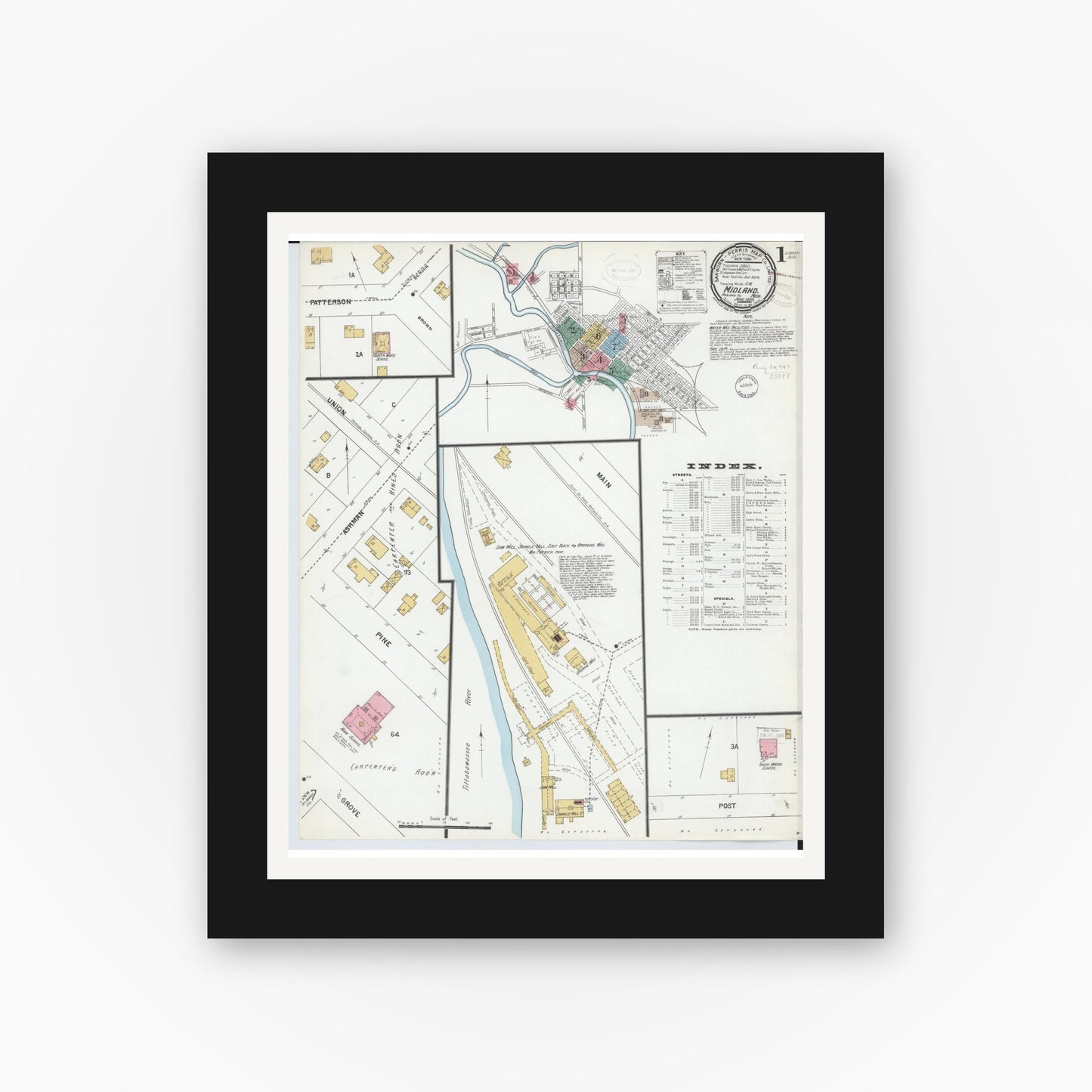 Old map wall art mockup — black gallery frame with white mat — Sanborn Fire Insurance Map from Midland, Midland County, Michigan (1899) - Complete Map Set