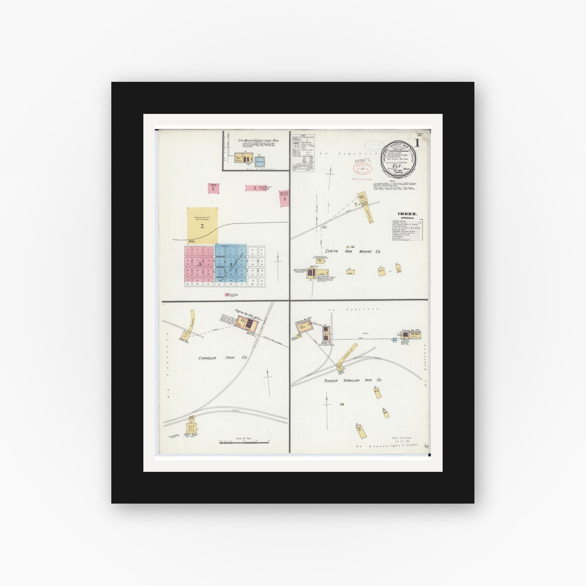 Old map wall art mockup — black gallery frame with white mat — Sanborn Fire Insurance Map from Ely, Saint Louis County, Minnesota (1897), Sheet #0001
