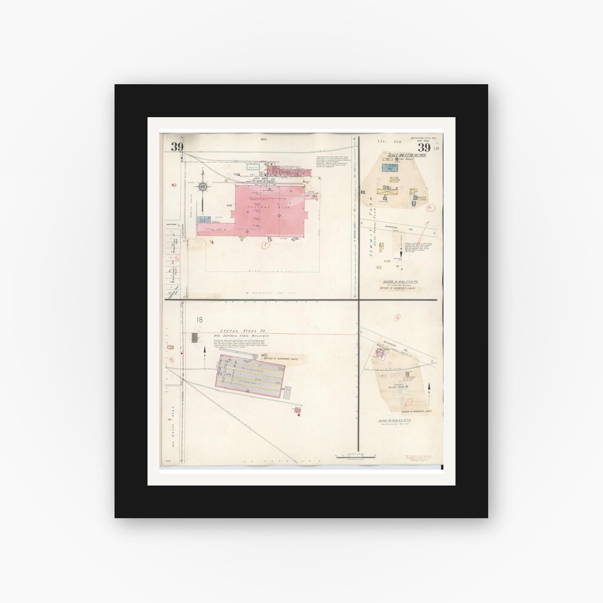 Old map wall art mockup — black gallery frame with white mat — Sanborn Fire Insurance Map from Michigan City, La Porte County, Indiana (1948), Sheet #0039