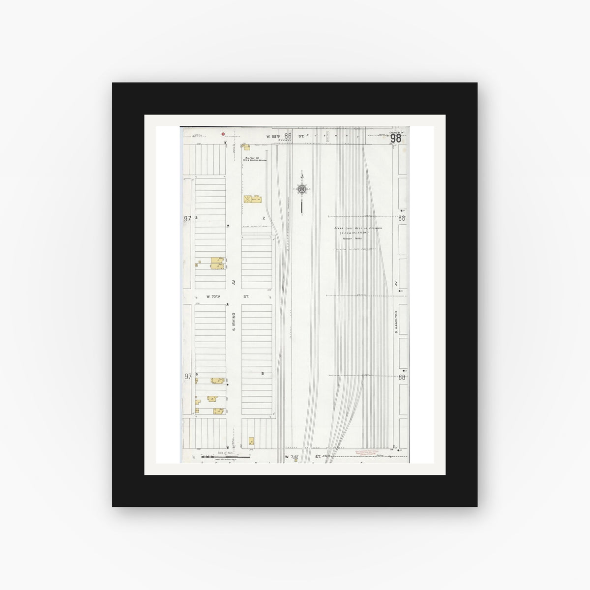Old map wall art mockup — black gallery frame with white mat — Sanborn Fire Insurance Map from Chicago, Cook County, Illinois (1920), Sheet #0098