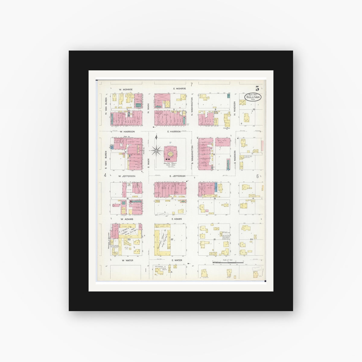 Old map wall art mockup — black gallery frame with white mat — Sanborn Fire Insurance Map from Sullivan, Moultrie County, Illinois (1907), Sheet #0005