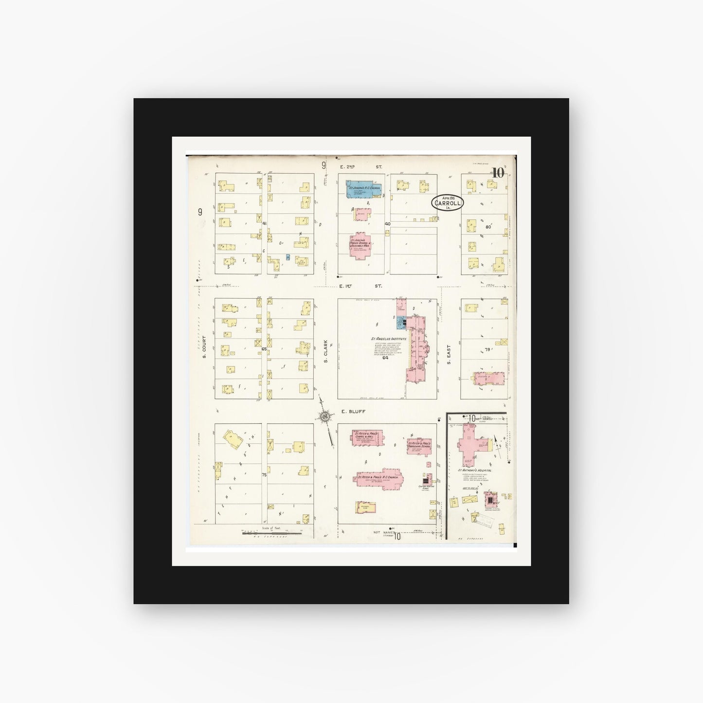 Old map wall art mockup — black gallery frame with white mat — Sanborn Fire Insurance Map from Carroll, Carroll County, Iowa (1915), Sheet #0010
