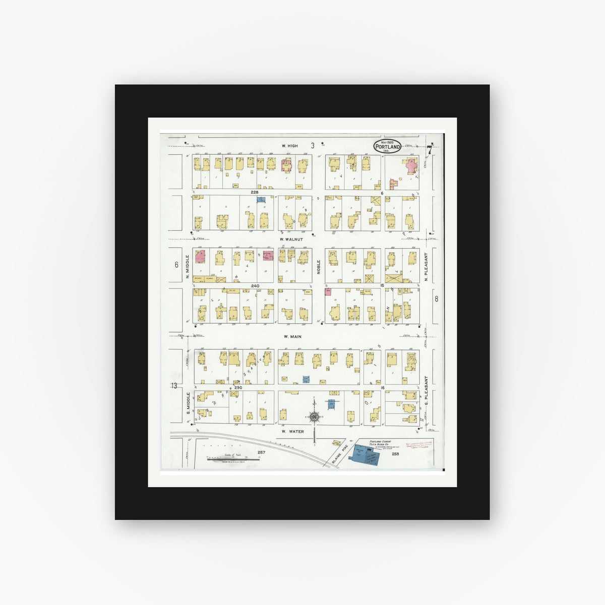 Old map wall art mockup — black gallery frame with white mat — Sanborn Fire Insurance Map from Portland, Jay County, Indiana (1920), Sheet #0007