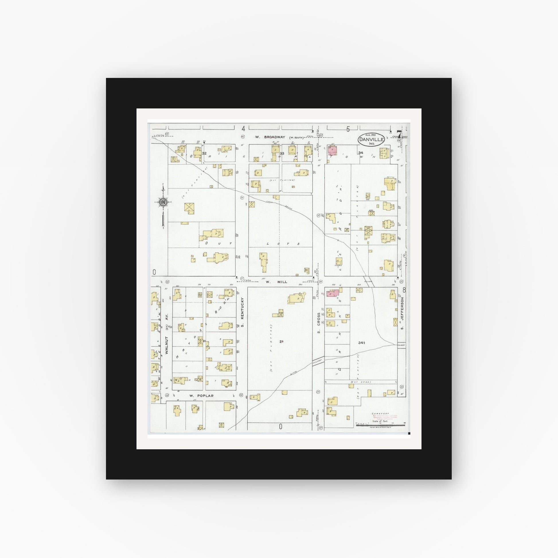 Old map wall art mockup — black gallery frame with white mat — Sanborn Fire Insurance Map from Danville, Hendricks County, Indiana (1920), Sheet #0007