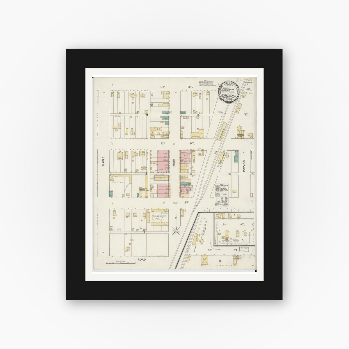 Old map wall art mockup — black gallery frame with white mat — Sanborn Fire Insurance Map from Schell City, Vernon County, Missouri (1892), Sheet #0001