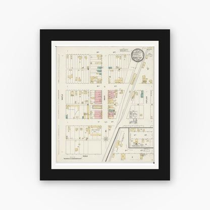 Old map wall art mockup — black gallery frame with white mat — Sanborn Fire Insurance Map from Schell City, Vernon County, Missouri (1892), Sheet #0001
