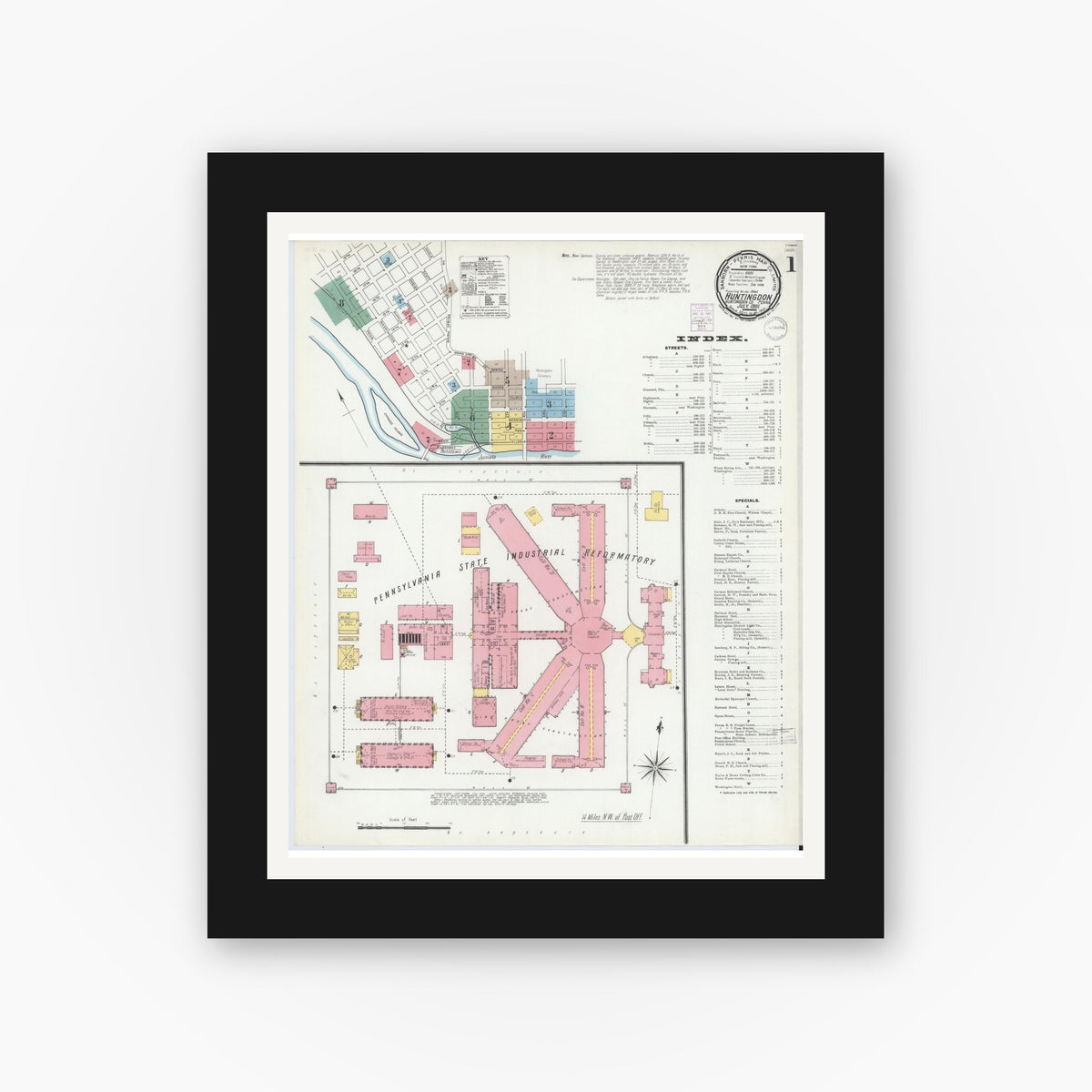 Old map wall art mockup — black gallery frame with white mat — Sanborn Fire Insurance Map from Huntingdon, Huntingdon County, Pennsylvania (1901), Sheet #0001