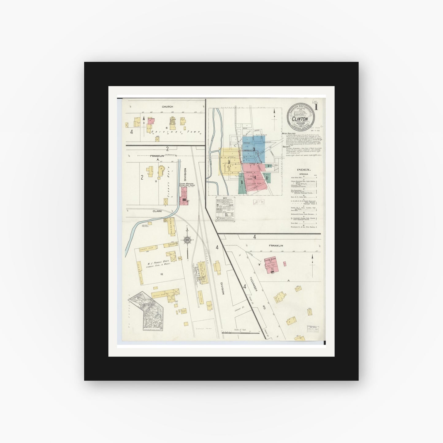 Old map wall art mockup — black gallery frame with white mat — Sanborn Fire Insurance Map from Clinton, Lenawee County, Michigan (1912) - Complete Map Set