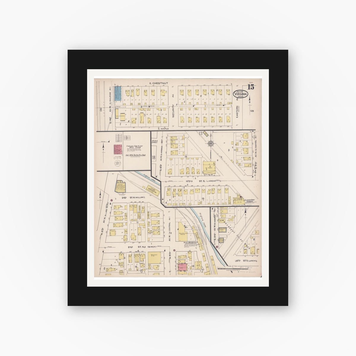 Old map wall art mockup — black gallery frame with white mat — Sanborn Fire Insurance Map from Virginia, Saint Louis County, Minnesota (1921), Sheet #0015