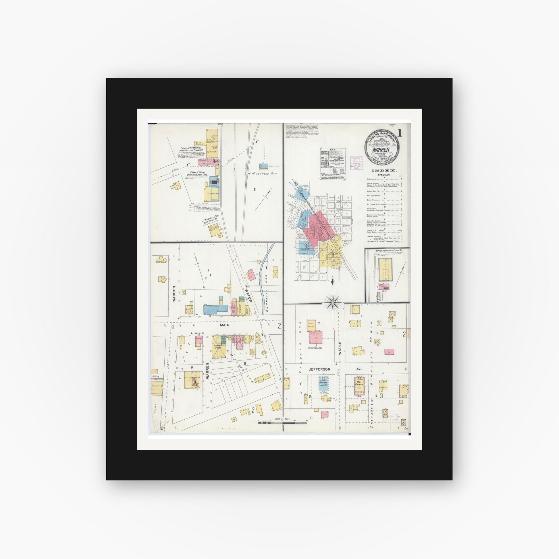 Old map wall art mockup — black gallery frame with white mat — Sanborn Fire Insurance Map from Warren, Jo Daviess County, Illinois (1904) - Complete Map Set
