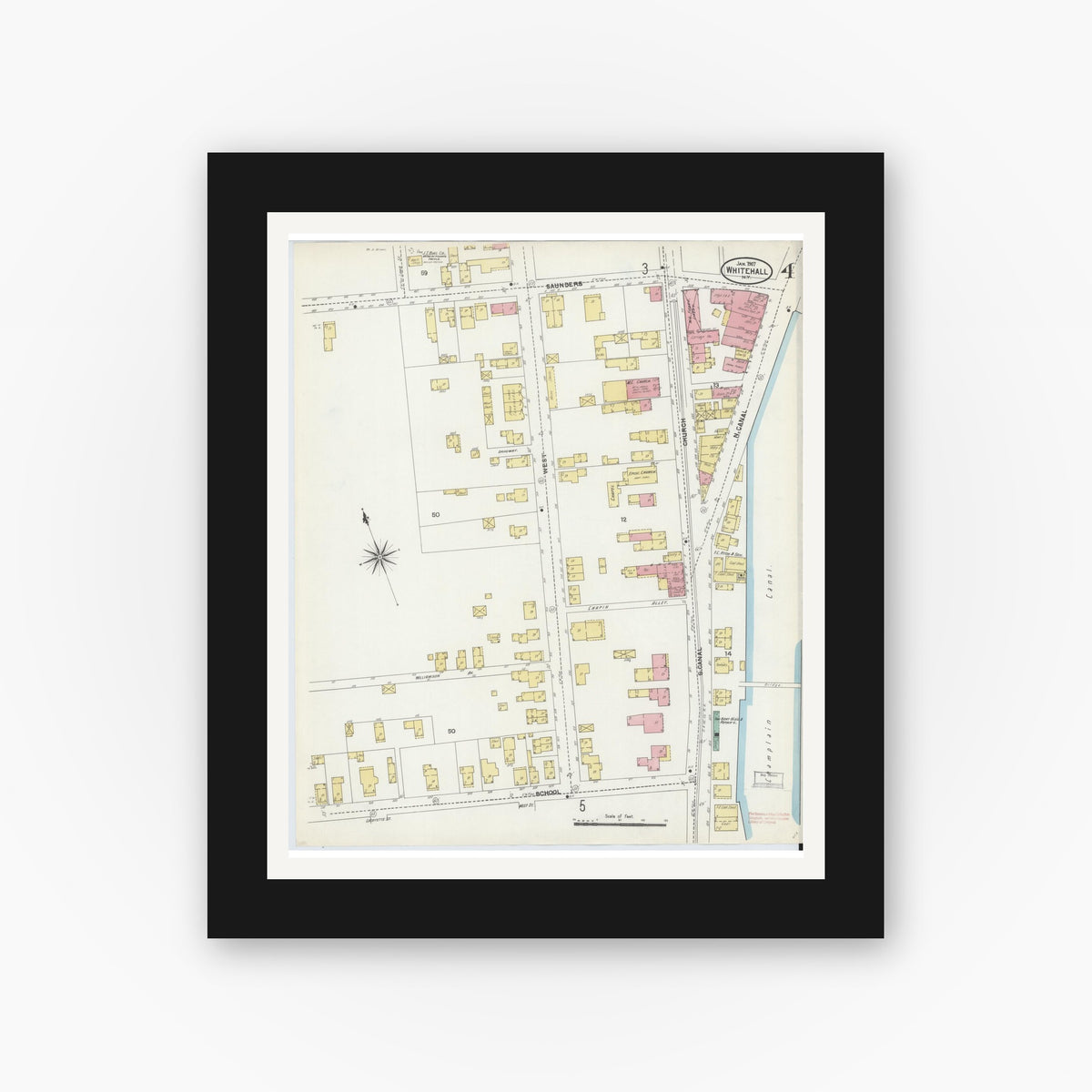 Old map wall art mockup — black gallery frame with white mat — Sanborn Fire Insurance Map from Whitehall, Washington County, New York (1907), Sheet #0004