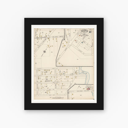 Old map wall art mockup — black gallery frame with white mat — Sanborn Fire Insurance Map from Merchantville, Camden County, New Jersey (1921), Sheet #0019