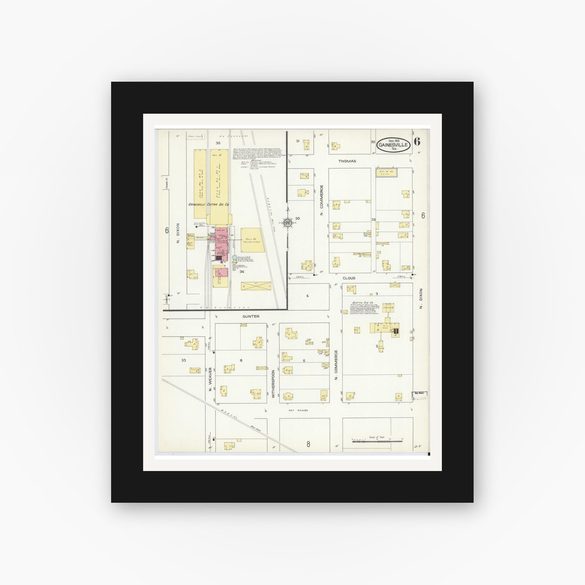 Old map wall art mockup — black gallery frame with white mat — Sanborn Fire Insurance Map from Gainesville, Cooke County, Texas (1913), Sheet #0006
