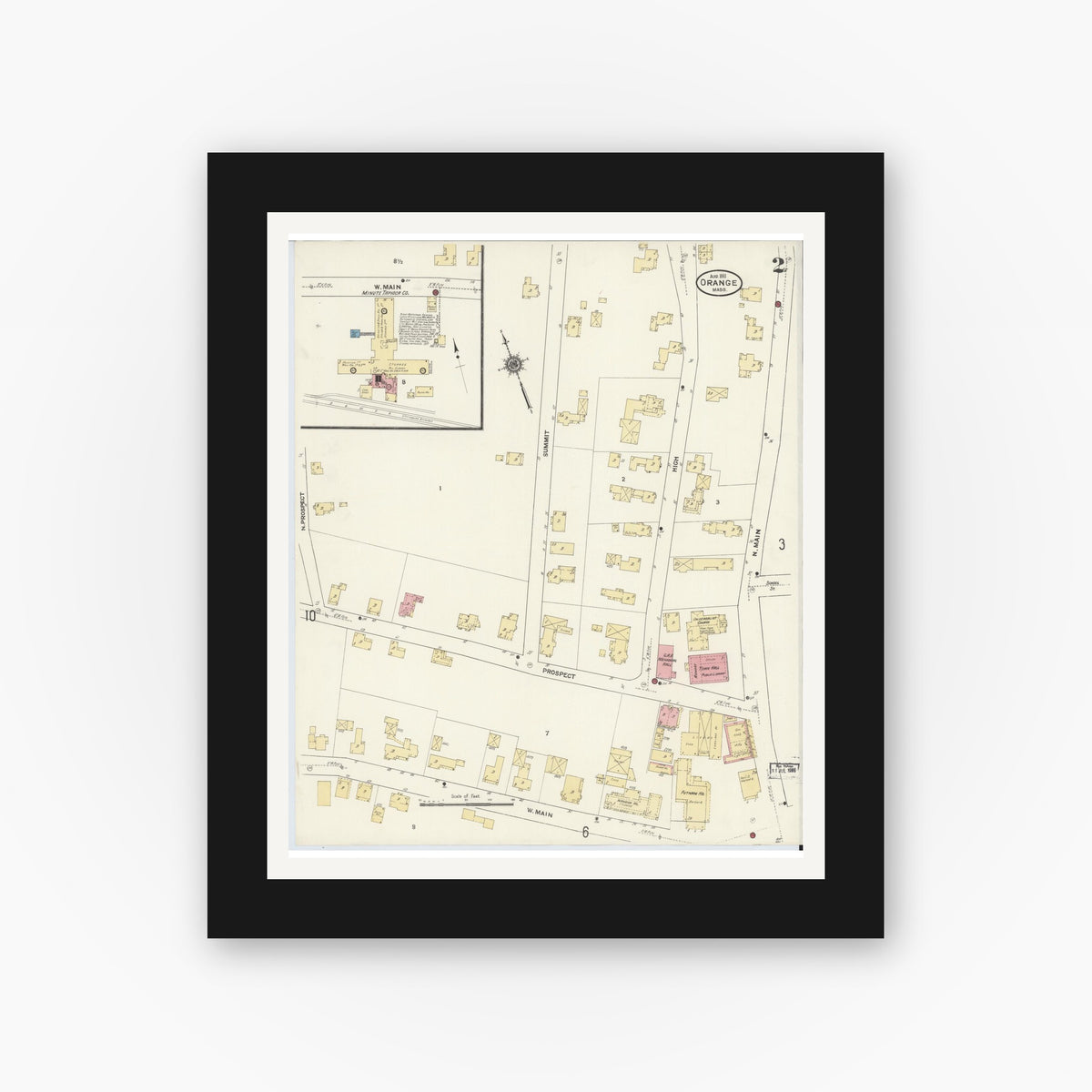Old map wall art mockup — black gallery frame with white mat — Sanborn Fire Insurance Map from Orange, Franklin County, Massachusetts (1911), Sheet #0002