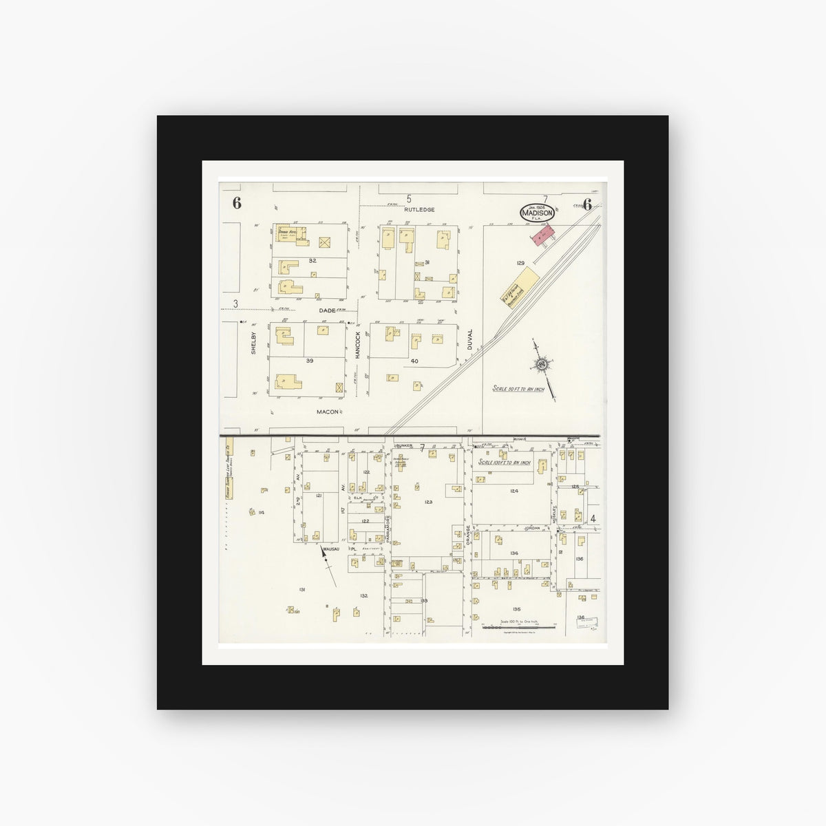 Old map wall art mockup — black gallery frame with white mat — Sanborn Fire Insurance Map from Madison, Madison County, Florida (1924), Sheet #0006