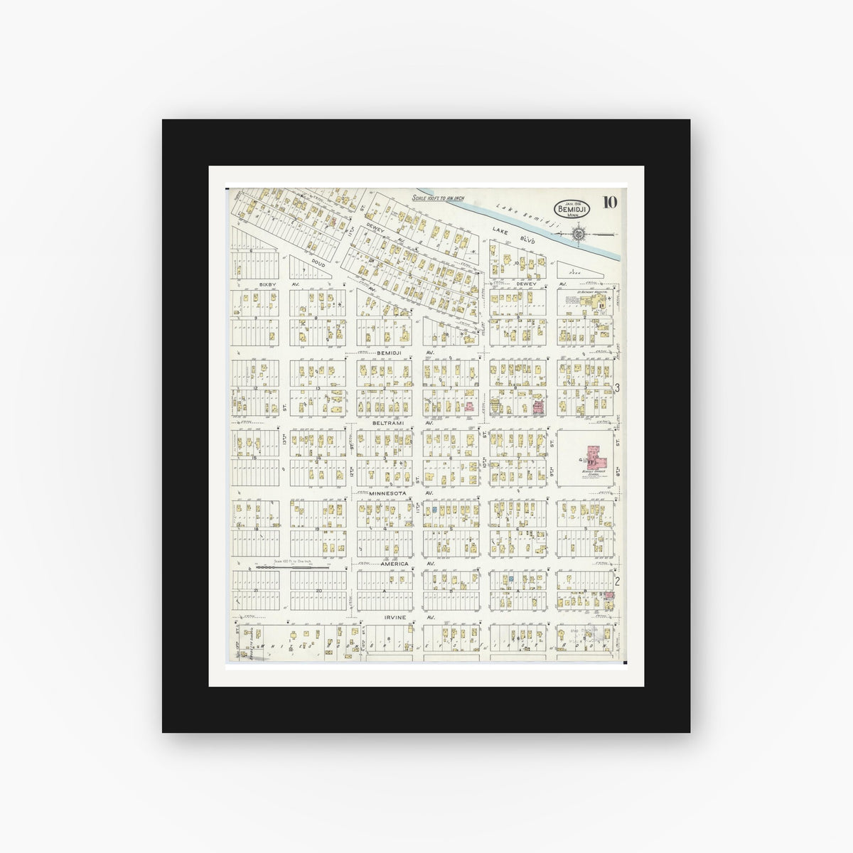 Old map wall art mockup — black gallery frame with white mat — Sanborn Fire Insurance Map from Bemidji, Beltrami County, Minnesota (1916), Sheet #0010