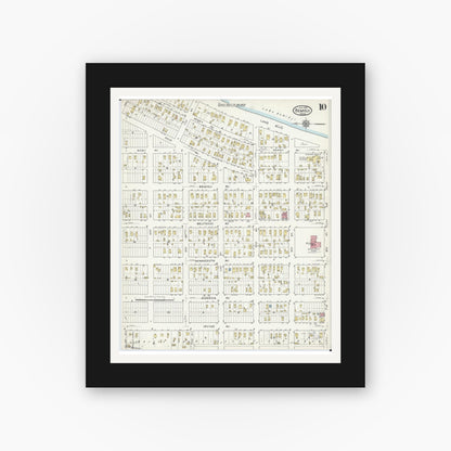 Old map wall art mockup — black gallery frame with white mat — Sanborn Fire Insurance Map from Bemidji, Beltrami County, Minnesota (1916), Sheet #0010