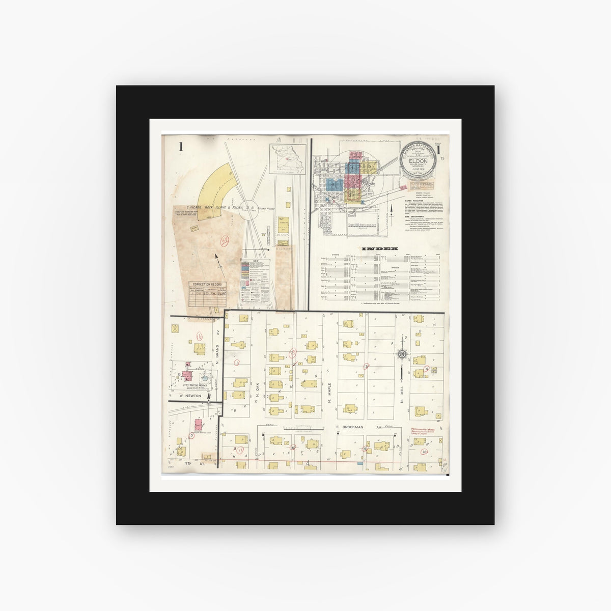 Old map wall art mockup — black gallery frame with white mat — Sanborn Fire Insurance Map from Eldon, Miller County, Missouri (1941) - Complete Map Set