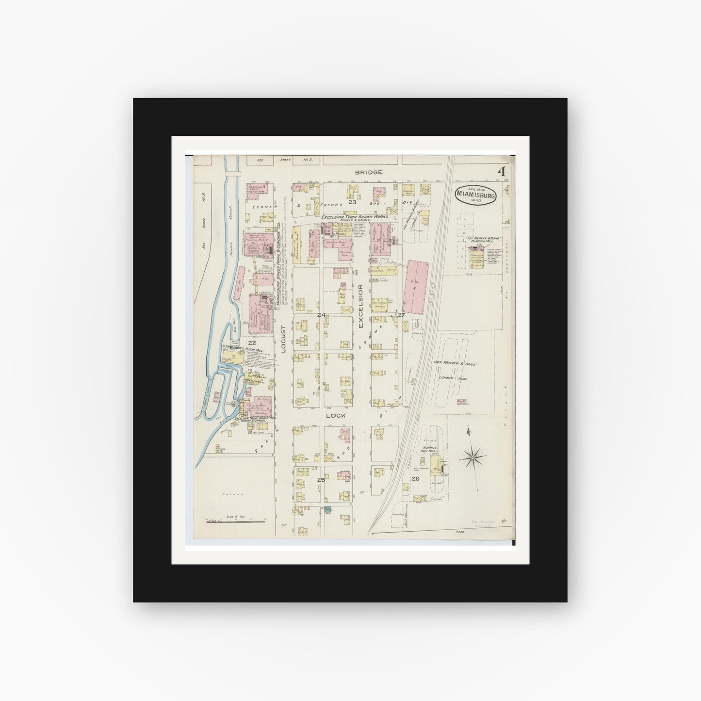 Old map wall art mockup — black gallery frame with white mat — Sanborn Fire Insurance Map from Miamisburg, Montgomery County, Ohio (1886), Sheet #0004