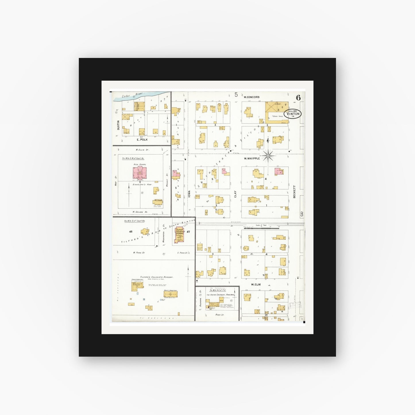 Old map wall art mockup — black gallery frame with white mat — Sanborn Fire Insurance Map from Vinton, Benton County, Iowa (1899), Sheet #0006