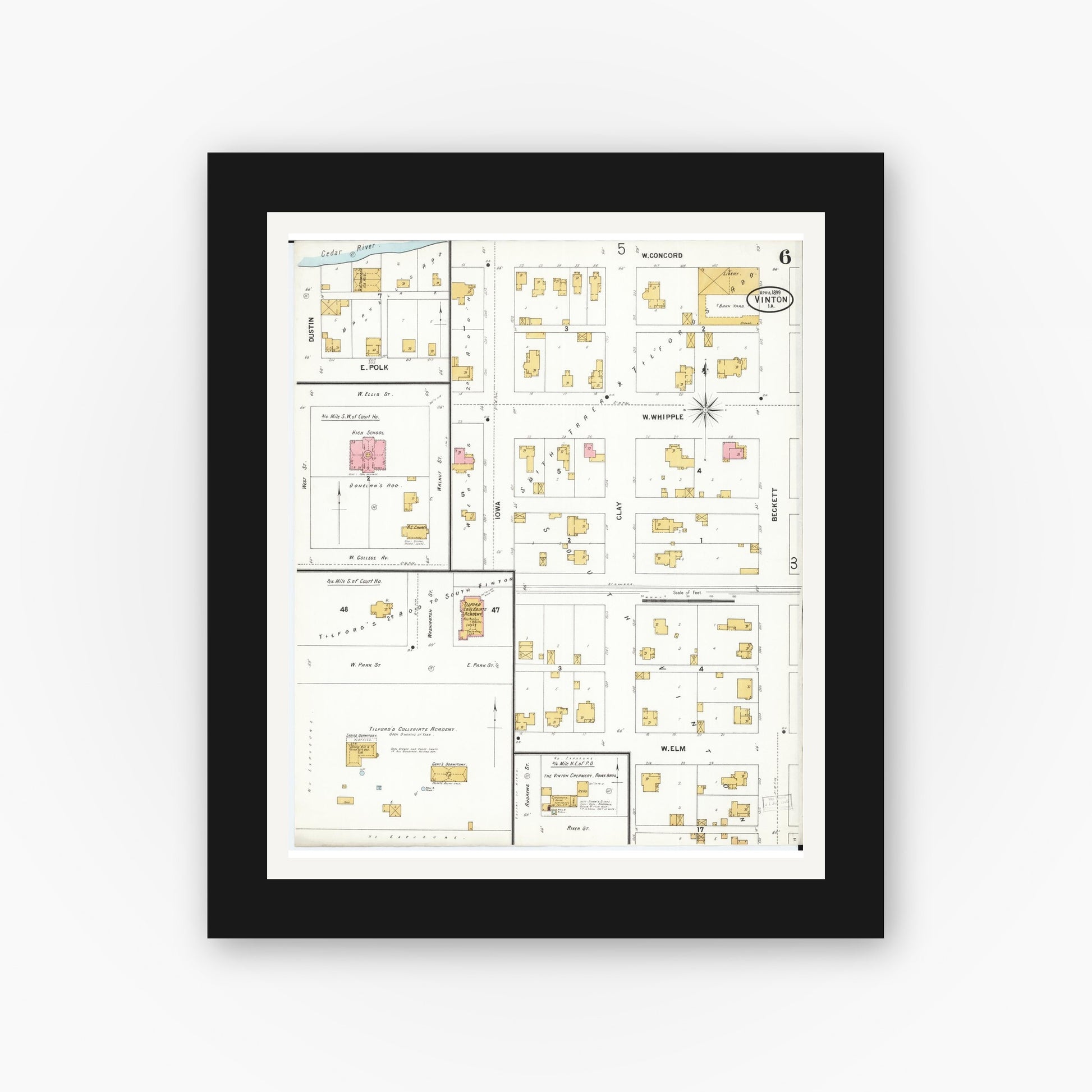 Old map wall art mockup — black gallery frame with white mat — Sanborn Fire Insurance Map from Vinton, Benton County, Iowa (1899), Sheet #0006