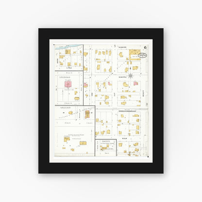 Old map wall art mockup — black gallery frame with white mat — Sanborn Fire Insurance Map from Vinton, Benton County, Iowa (1899), Sheet #0006