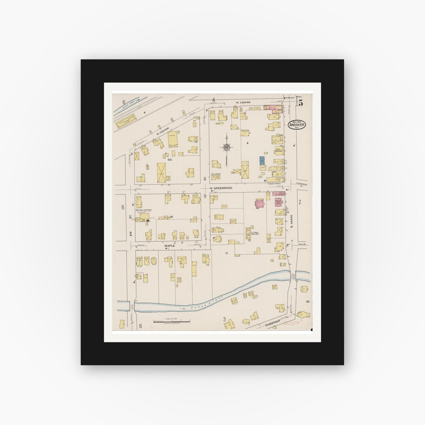 Old map wall art mockup — black gallery frame with white mat — Sanborn Fire Insurance Map from Andover, Allegany County, New York (1922), Sheet #0005
