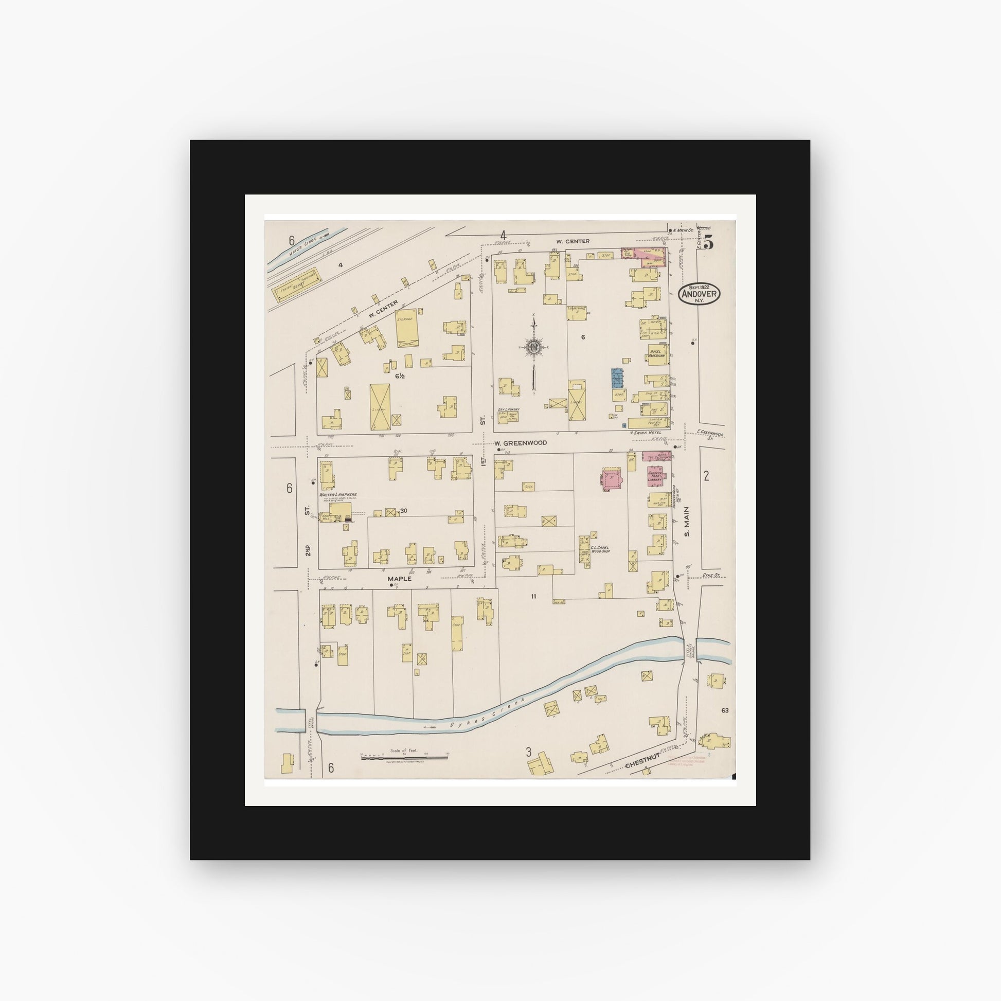 Old map wall art mockup — black gallery frame with white mat — Sanborn Fire Insurance Map from Andover, Allegany County, New York (1922), Sheet #0005