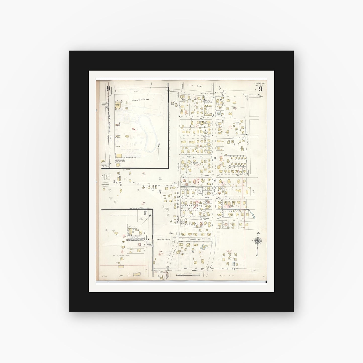 Old map wall art mockup — black gallery frame with white mat — Sanborn Fire Insurance Map from Kilgore, Gregg County, Texas (1950), Sheet #0009