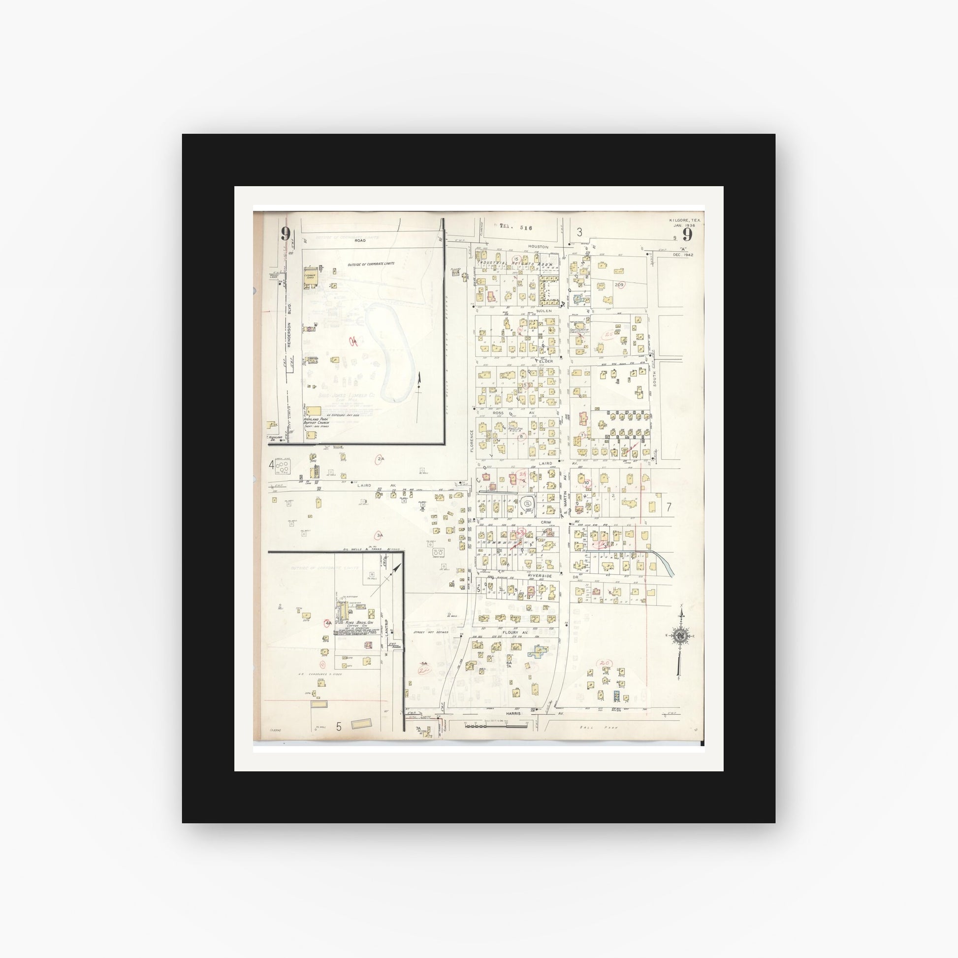 Old map wall art mockup — black gallery frame with white mat — Sanborn Fire Insurance Map from Kilgore, Gregg County, Texas (1950), Sheet #0009