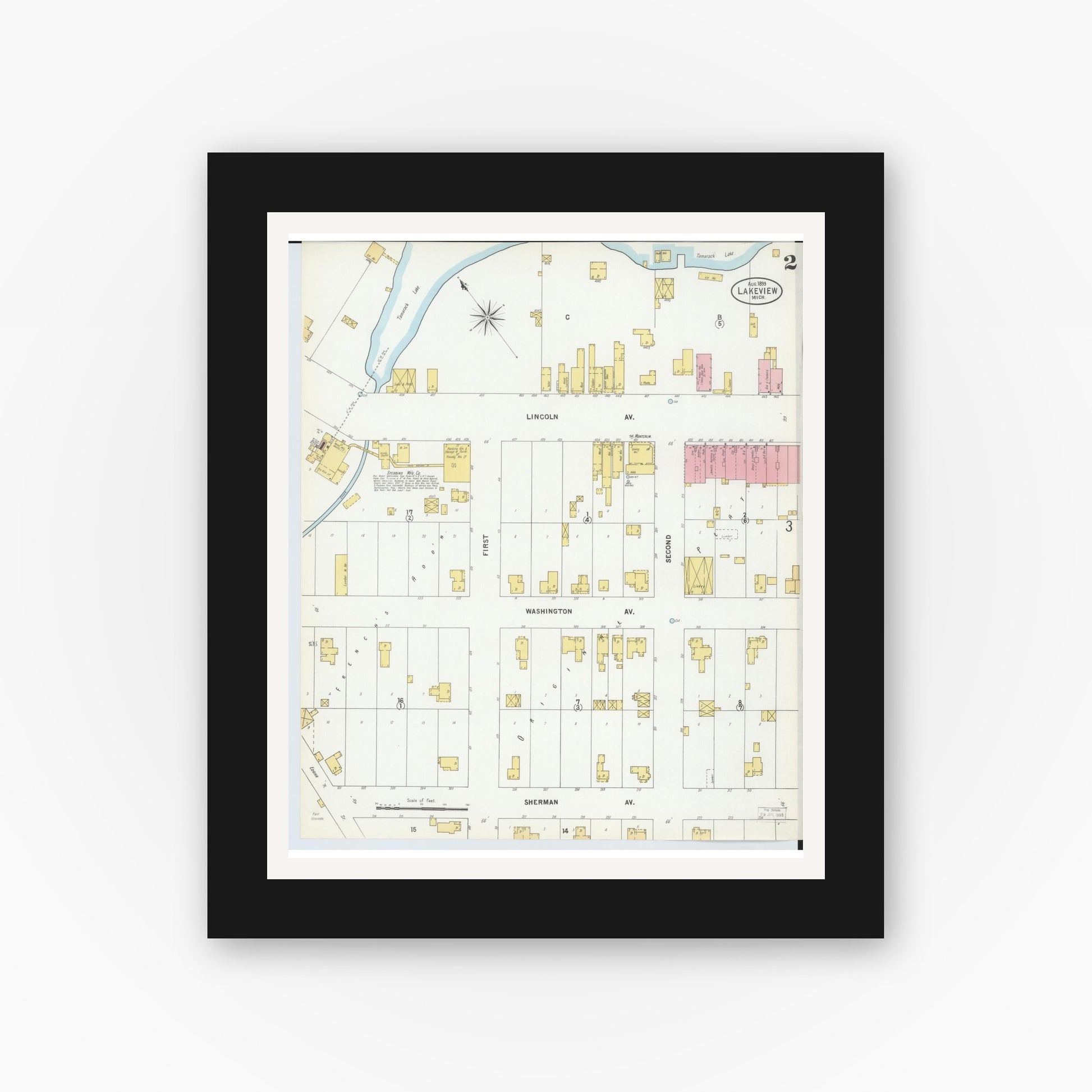 Old map wall art mockup — black gallery frame with white mat — Sanborn Fire Insurance Map from Lakeview, Montcalm County, Michigan (1899), Sheet #0002