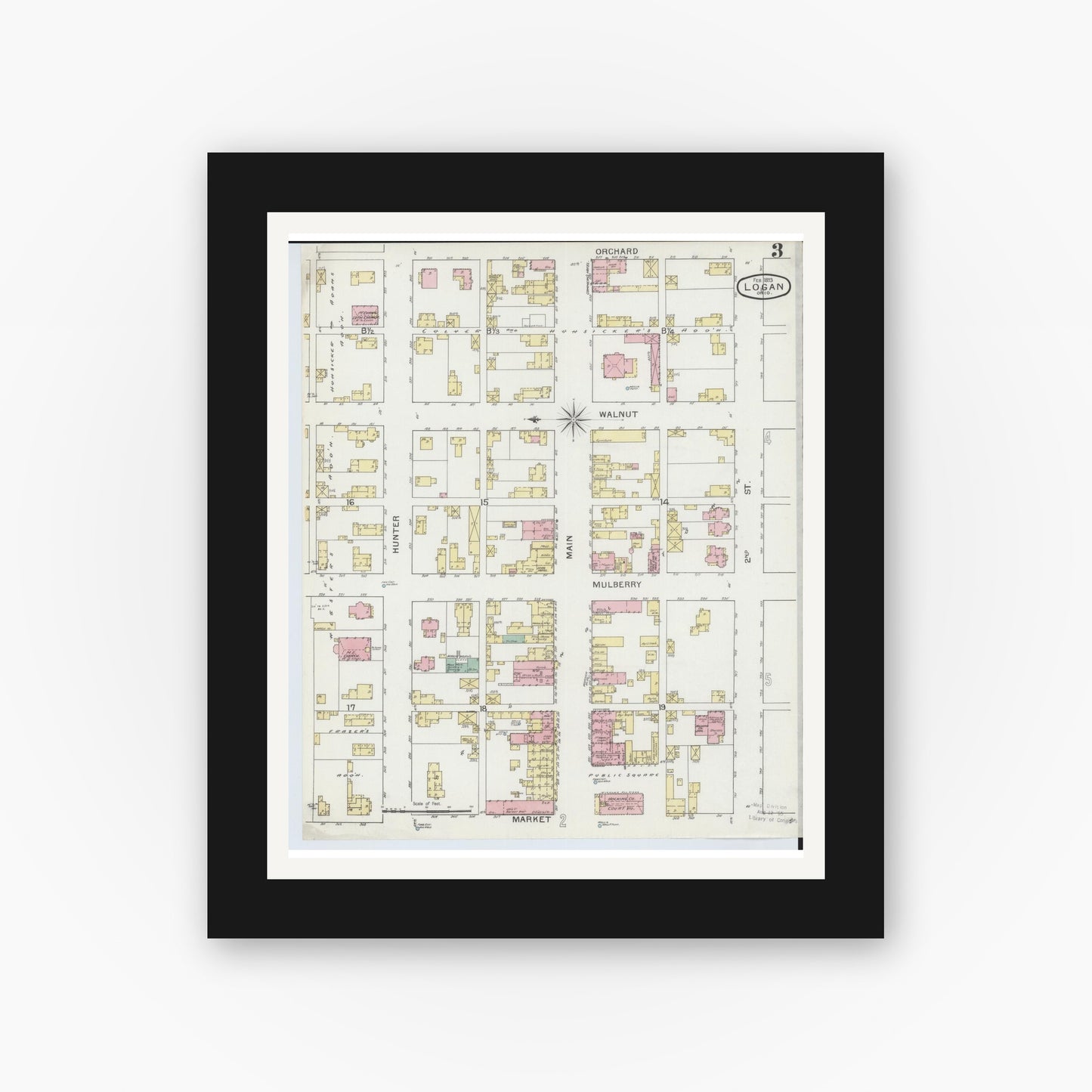 Old map wall art mockup — black gallery frame with white mat — Sanborn Fire Insurance Map from Logan, Hocking County, Ohio (1893), Sheet #0003
