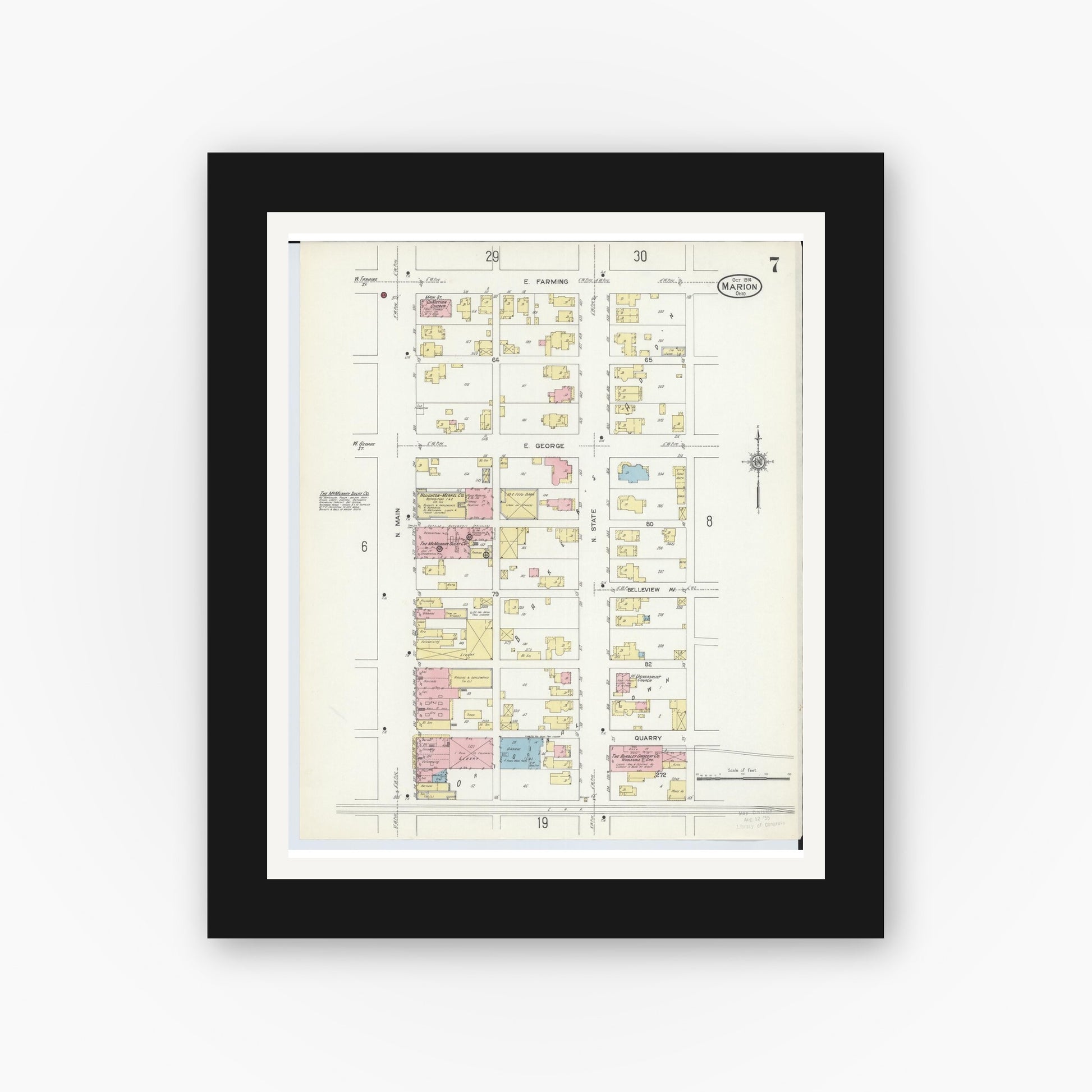 Old map wall art mockup — black gallery frame with white mat — Sanborn Fire Insurance Map from Marion, Marion County, Ohio (1914), Sheet #0007