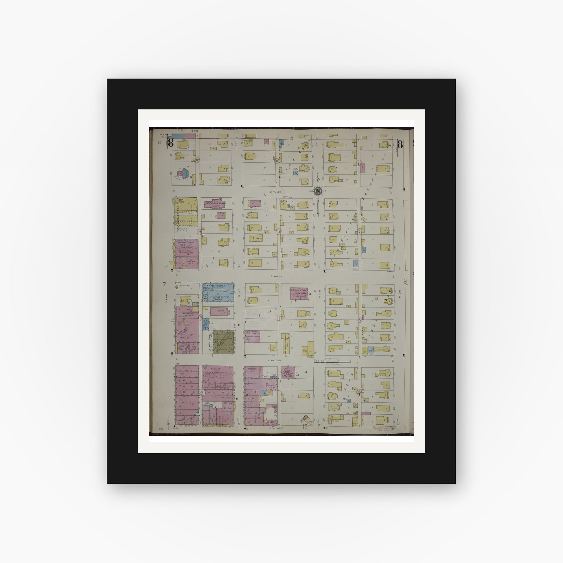Old map wall art mockup — black gallery frame with white mat — Sanborn Fire Insurance Map from Herrin, Williamson County, Illinois (1947), Sheet #0008